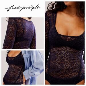 NWT Free People Intimately In My Head Rose Lace Bodysuit Sz. XS [0-2] Navy Coat